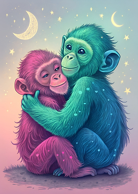 Two Monkeys Hugging Under the Moon