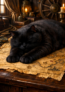 Chubby Black Cat Sleeping on Pirate Treasure Map