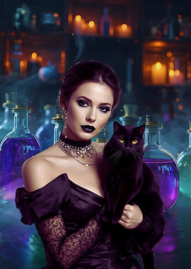 Witch with Black Cat and Potions