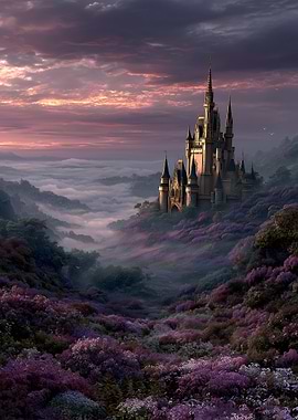 Enchanted Castle Amidst Misty Mountains and Purple Flowers