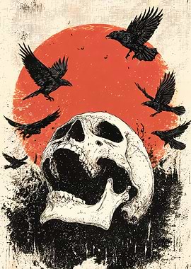 Screaming Skull Crows Grunge Art