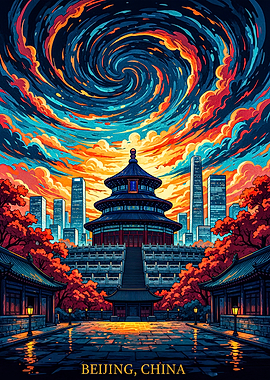 Vibrant Beijing Temple with Swirling Sky