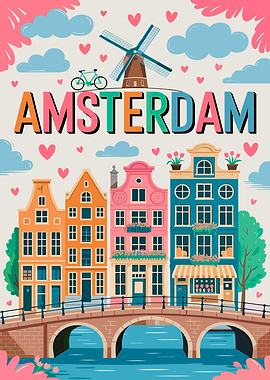 Amsterdam Cityscape with Windmill and Canal