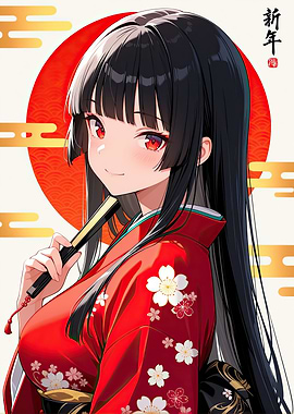 Anime Girl in Red Kimono with Fan