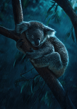 Koala sleeping in the rain