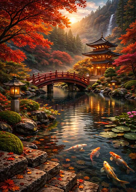 Japanese Garden with Pagoda and Koi Pond