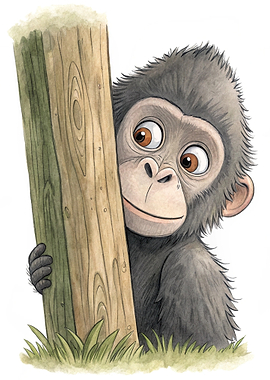 Cute baby gorilla peeking from behind a wooden post