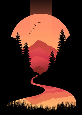 Sunset Over Mountains and River