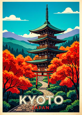 Kyoto Japan Pagoda Autumn Travel Poster