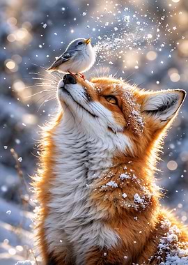Fox and Bird in Snow