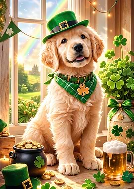 Golden Retriever Puppy in St. Patrick's Day Attire