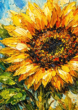 Textured Sunflower Impasto Oil Painting