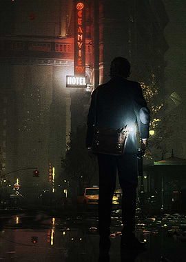 Man in Suit at Night Hotel