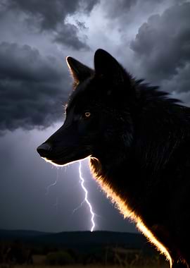 Black wolf in lightning storm