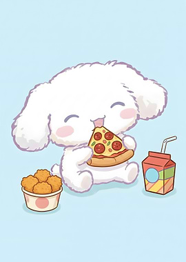 Cinnamoroll eating pizza and chicken nuggets