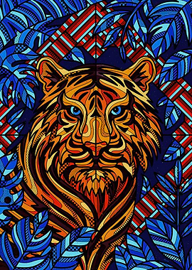 Stylized Tiger in Tropical Leaves