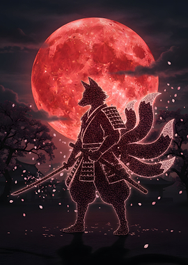 Kitsune Samurai Under Blood Moon