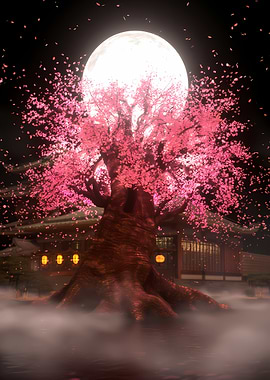 Magical Cherry Blossom Tree Under Moon