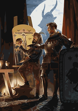 Artist and Knight with Crucifixion Painting