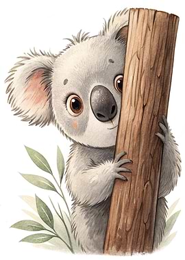 Cute Koala Peeking from Behind a Tree