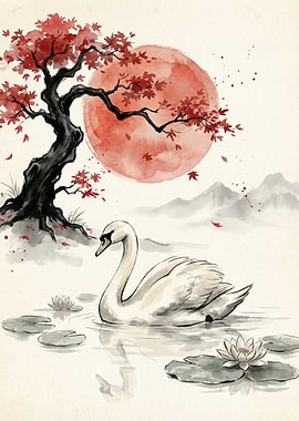 Swan in a Japanese-inspired Pond