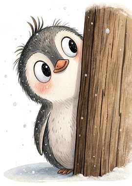 Cute Penguin Peeking Behind a Wooden Post