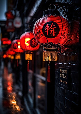 Red Lanterns on a Rainy Street