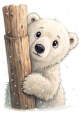 Cute Polar Bear Peeking Behind Log