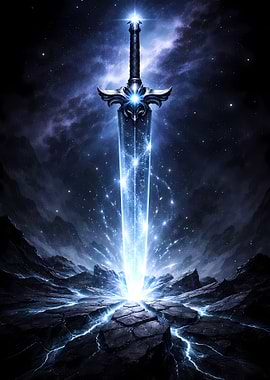 Glowing Sword in Cosmic Landscape