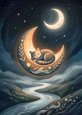 Cat Sleeping on Crescent Moon
