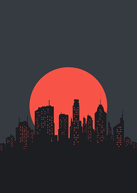 Cityscape at Sunset with Red Sun