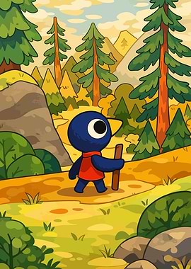 Cute Bird Character Hiking in Nature