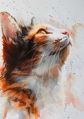 Watercolor Painting of a Cat Looking Up