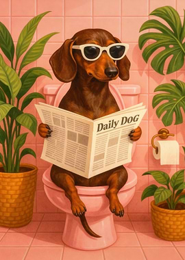 Dachshund Reading Newspaper on Toilet