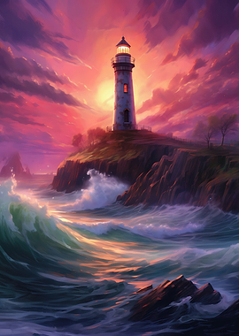 Lighthouse on a cliff at sunset