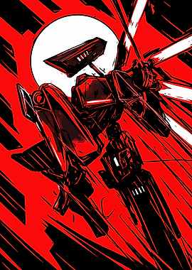Red Mecha Robot with Sun Background