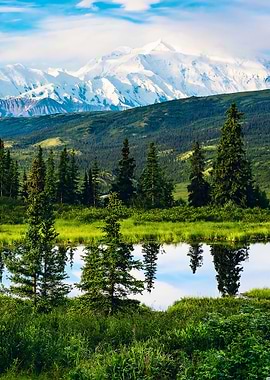 Snow-capped mountains reflected in a lake