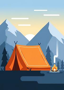 Camping scene with mountains and campfire