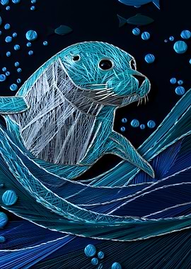 Quilled Seal Swimming in Blue Waves