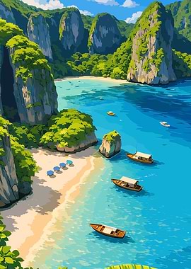 Tropical Island Beach with Boats