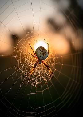 Spider on a web at sunset