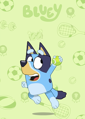 Bluey holding a tennis ball