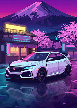 JDM Hatchback Neon Sakura Night Mount Fuji Synthwave
