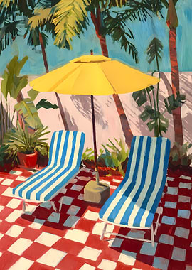 Tropical Patio with Lounge Chairs and Umbrella