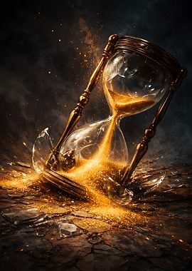 Broken Shattered Hourglass with Flowing Gold Sand