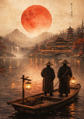 Two figures in a boat under a red moon