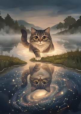 Cat Reflecting the Cosmos