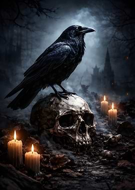 Raven on Skull with Candles