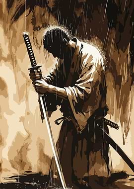 Samurai in the Rain Fantasy Art