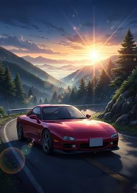 Red Sports Car on Mountain Road at Sunset